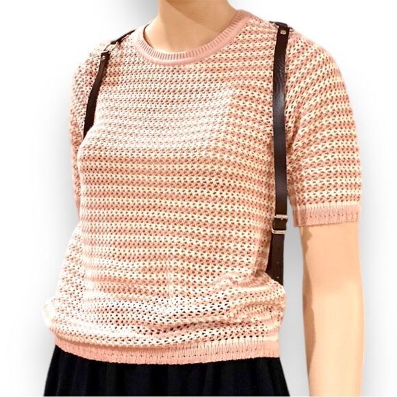 Zara Pink White Striped Short Sleeve Rib Trim Crew Neck Sweater Top - Picture 4 of 4